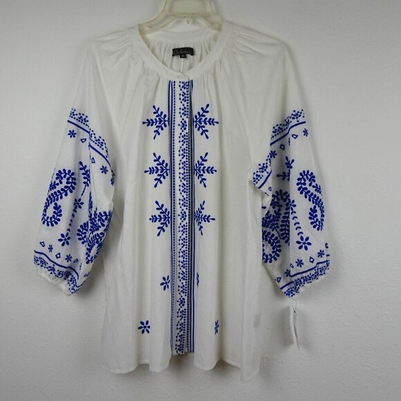Calessa Tops - Calessa Embroidered Tunic Top Women's Size M White Blue Loose Fit Boho Peasant